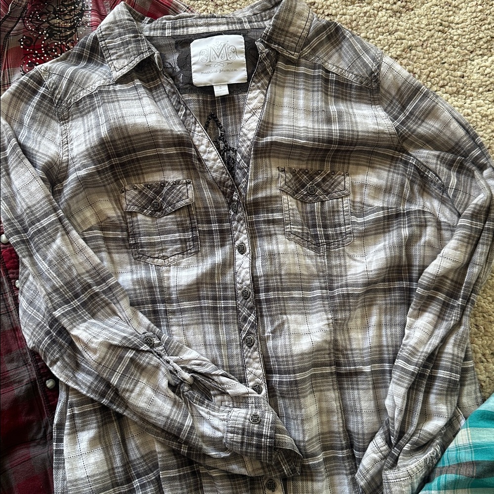 Maurice’s button up LOT! 2x plus size plaid red black grey turquoise teal - Picture 3 of 7